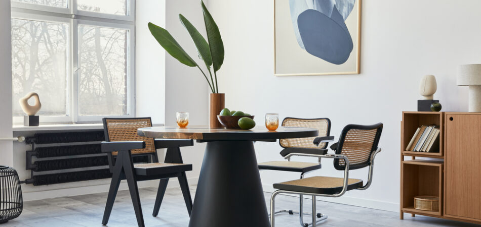 Stylish,composition,of,dining,room,interior,with,design,table,,modern